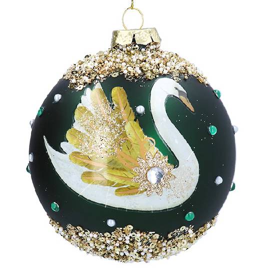 Glass Ball Large Green, Jeweled Swan 10cm *ETA Nov